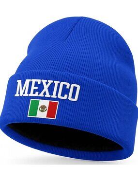 Fleece Lined Mexico Beanie Hat, Blue